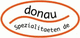 Logo mit Schriftzug "donau spezialitaeten de" in einem orangen Oval.