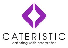 Das Logo zeigt ein lila Symbol und den Text "Cateristic: catering with character".