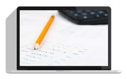 Pencil and calculator on papers, reflected on a laptop screen.