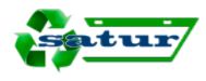 Logotipo con símbolo de reciclaje y la palabra "satur" en letras verdes y azules.