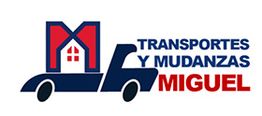 Logo de "Transportes y Mudanzas Miguel" con un camión azul y una casa estilizada.