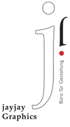 Logo mit Schriftzug "jayjay Graphics" und "Büro für Gestaltung", stilisierte Buchstaben j, rote Punkte.