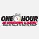 Logo reading "One Hour Air Conditioning & Heating" with a clock and slogan.