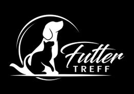 Silhouette von Hund und Katze mit dem Schriftzug "Futter Treff" auf schwarzem Hintergrund.