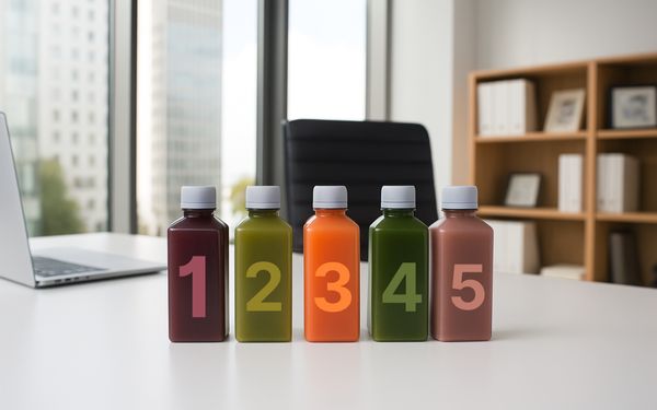Fünf Saftflaschen einer 3-Tage-Saftkur stehen auf dem Bürotisch eines CEOs.