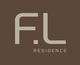 Logotipo marrom com letras "F.L Residence" em bege.
