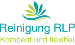 Logo von Reinigung RLP mit grün-blauem Blattmotiv und Slogan "Kompetent und flexibel".