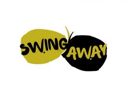 Zwei überlappende Kreise, gelb und schwarz, mit dem Schriftzug "SWING AWAY" in Großbuchstaben.