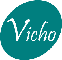 Logotipo con texto "Vicho" en blanco sobre fondo turquesa circular.