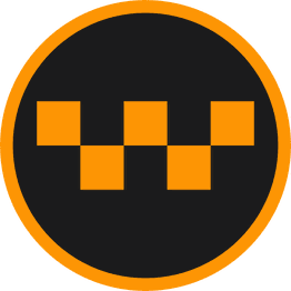 Logo circular con patrón de cuadros anaranjados sobre fondo negro y borde naranja.