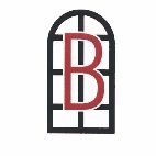 Stilisiertes Fenster mit rotem Buchstaben "B" in der Mitte, schwarzer Rahmen, weißer Hintergrund.