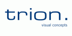Logo mit blauem Text "trion." und kleinem Satz "visual concepts" darunter. Weißer Hintergrund.