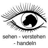 Strichzeichnung eines Auges mit Hundekopf in der Iris. Text: "sehen - verstehen - handeln".