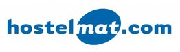 Logo de hostelmat.com en letras azules con "mat" dentro de un círculo azul.