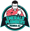 Logo of Emerald Plumbers, Peoria AZ, featuring a plumber holding a wrench inside a circular badge.