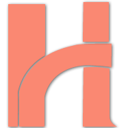 Logo con una "h" estilizada en color salmón sobre fondo blanco.