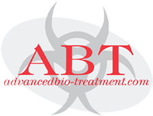 Logo of ABT with biohazard symbol and website: advancedbio-treatment.com.