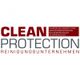 CLEAN PROTECTION Logo, Reinigungsunternehmen, Dienstleistungen in rot-weißer Schrift.