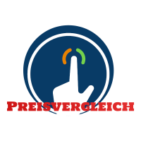 Finger zeigt auf bunte Kreise im blauen Kreis, darunter steht "PREISVERGLEICH" in roter Schrift.