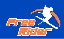 Esquiador en logotipo azul y naranja con texto "Free Rider".