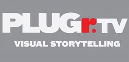 Logo met tekst "PLUGR:TV" en "VISUAL STORYTELLING" op een grijze achtergrond.
