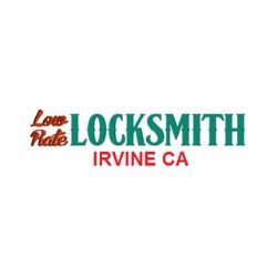 "Logo: Low Rate Locksmith Irvine CA in two-tone green and red text."