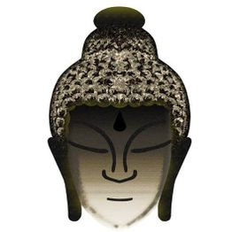 Cabeça de Buda estilizada com olhos fechados em fundo branco.