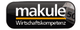 Schwarzes Logo mit "makule Wirtschaftskompetenz" und einem Blatt im Hintergrund.