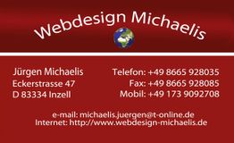 Visitenkarte von Webdesign Michaelis mit Kontaktdaten und einer Weltkugel-Grafik.