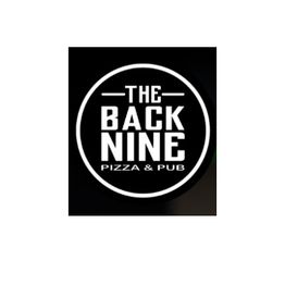 The Back Nine Pizza & Pub logo; white text on a black circle background.