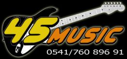 Schwarz-weiße Gitarre, gelber Text "45 Music", darunter Telefonnummer: 0541/760 896 91.