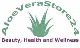 AloeVeraStore24-Logo mit grüner Pflanze, Text: „Beauty, Health and Wellness“ darunter.