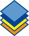 Blaues, gelbes und orangenes Quadrat, gestapelt in einer pyramidenartigen Formation.