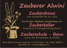 Zauberer Alwini Werbeanzeige in Bonn: Zaubershows und Zauberschule für Kinder und Erwachsene.