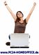 Person freut sich vor einem Laptop, Website-Text "www.PC24-HOMEOFFICE.de" unten.