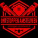 Rood logo van Ontstoppen Amstelveen met twee moersleutels en een huisje.