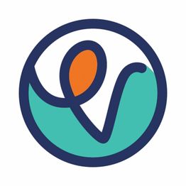 Stylized logo with abstract shapes in blue, white, teal, and orange within a blue circle.