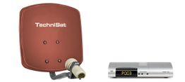 Satellitenschüssel links und Digitalreceiver rechts, beide von der Marke TechniSat.