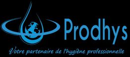 Logo Prodhys, texte en bleu : "Votre partenaire de l'hygiène professionnelle", globe stylisé.