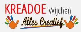 Logo van KreaDoe Wijchen met tekst "Alles Creatief" en kleurrijke handafdrukken.