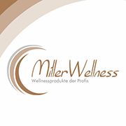 Logo von Miller Wellness mit braunen Kreisen, Text: "Wellnessprodukte der Profis".