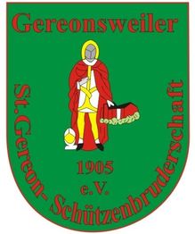 Wappen der St. Gereon-Schützenbruderschaft Gereonsweiler mit Ritter in rotem Umhang.