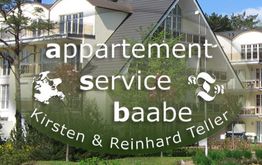 Appartementservice Baabe-Logo vor einem modernen Gebäude mit Garten im Hintergrund.