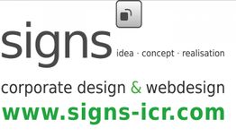 Logo mit Text: "signs", "idea · concept · realisation", "corporate design & webdesign", "www.signs-icr.com".