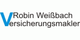 Logo mit Text "Robin Weißbach Versicherungsmakler" in schwarz und blauem "V".