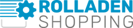 Logo mit Zahnradsymbol und Text "Rolladen Shopping" in Blau und Grau.