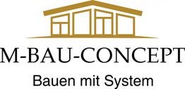 Logo von M-Bau-Concept: Haus-Silhouette mit dem Slogan "Bauen mit System" darunter.