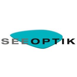 Text "SEE OPTIK" vor türkisfarbenem abstraktem Element.