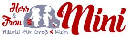 Silhouette von Kindern, Text: "Herr & Frau Mini - Allerlei für Groß & Klein" in Rot und Grau.