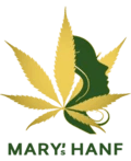 Grünes Hanfblatt mit einem Frauenprofil und der Aufschrift "MARY HANF" darunter.